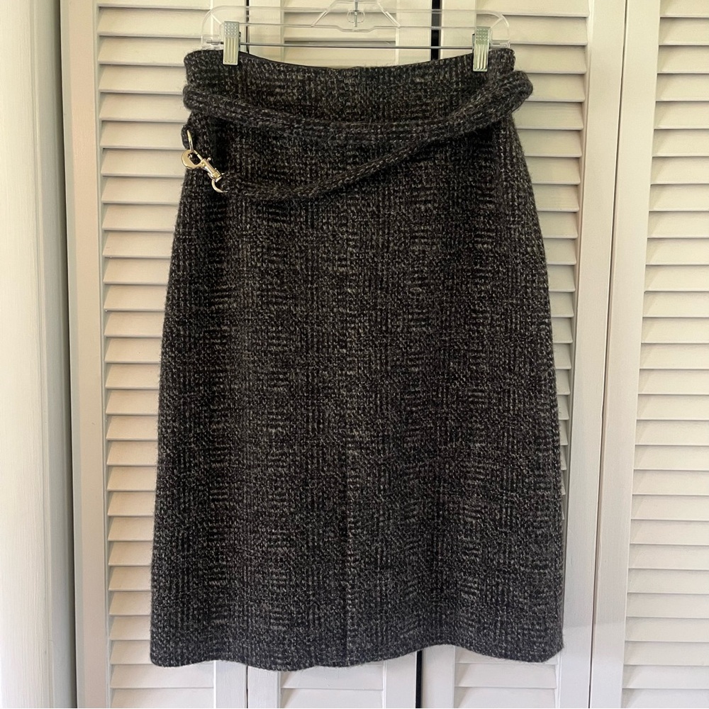 Chloé Charcoal Tweed Wool-Blend A-Line Skirt with Belt
